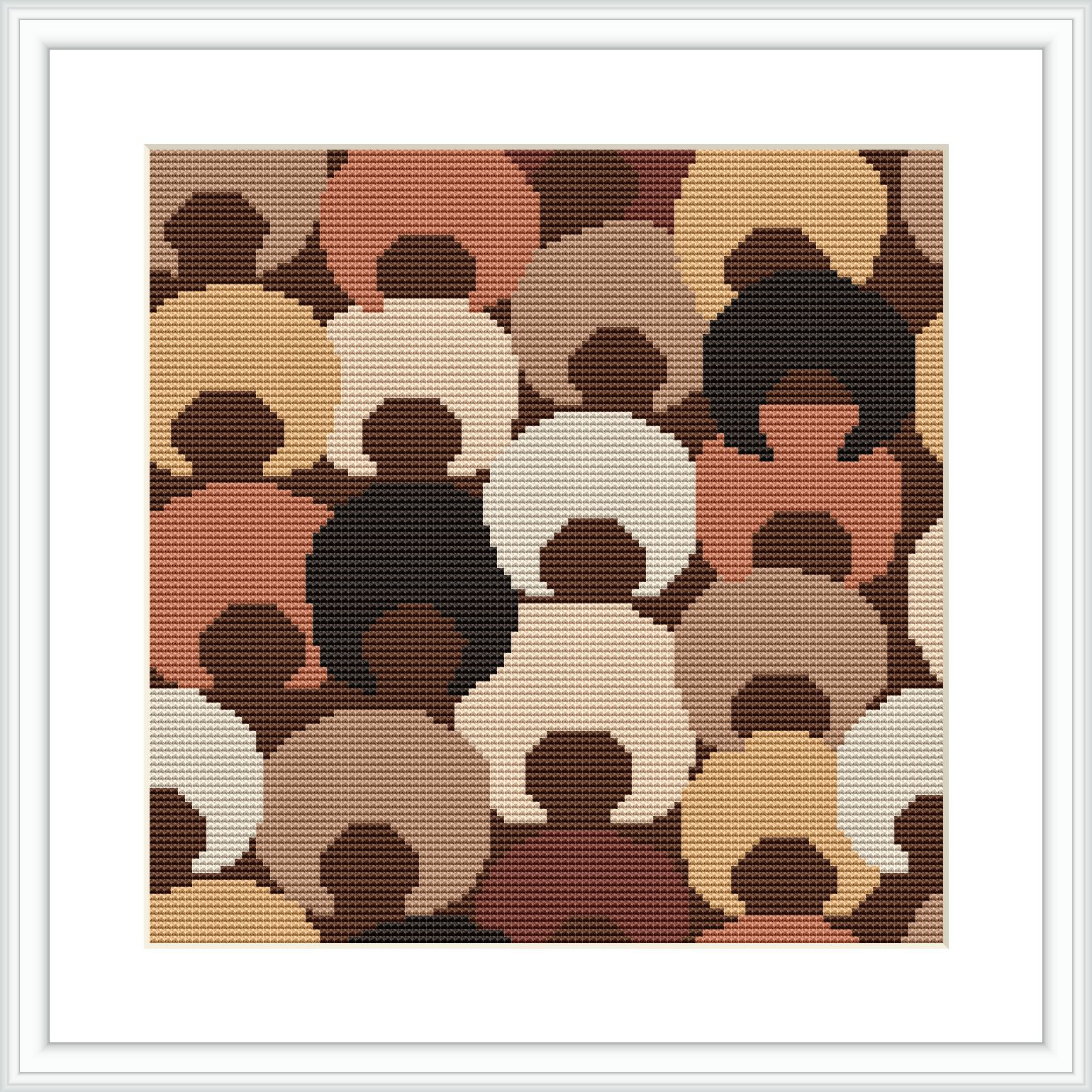 The image features a cross stitch design with a pattern of abstract afro hairstyles depicted in a stylized form. Each hairstyle silhouette is filled with various earthy toned colors. They are closely packed together, forming a compact and harmonious design within a square frame.