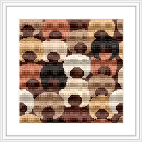 The image features a cross stitch design with a pattern of abstract afro hairstyles depicted in a stylized form. Each hairstyle silhouette is filled with various earthy toned colors. They are closely packed together, forming a compact and harmonious design within a square frame.