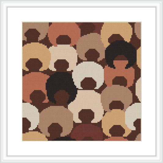 The image features a cross stitch design with a pattern of abstract afro hairstyles depicted in a stylized form. Each hairstyle silhouette is filled with various earthy toned colors. They are closely packed together, forming a compact and harmonious design within a square frame.