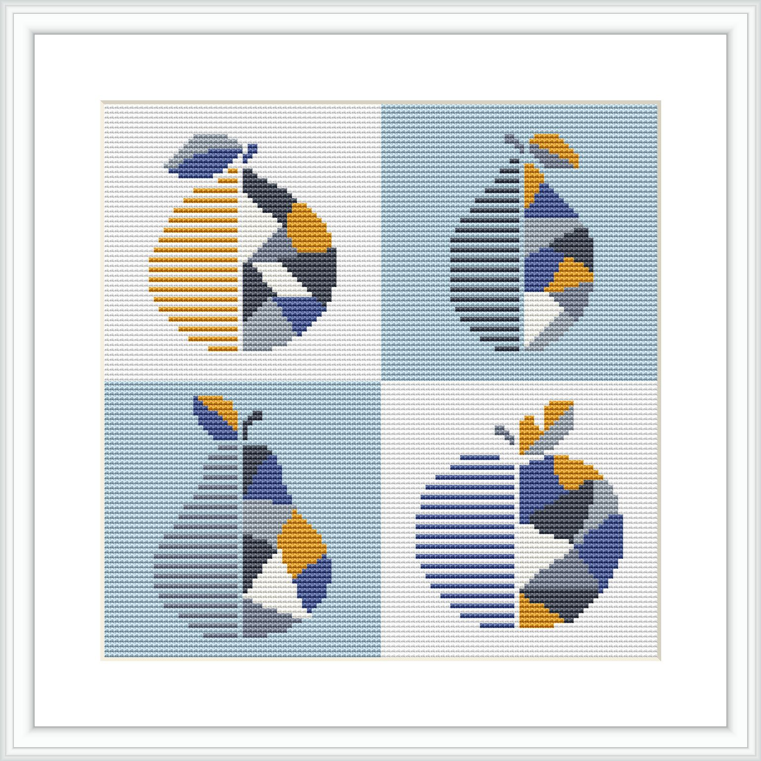 The image displays a white-framed cross stitch pattern with four quadrants, each featuring a stylized geometric fruit design against a light blue background.