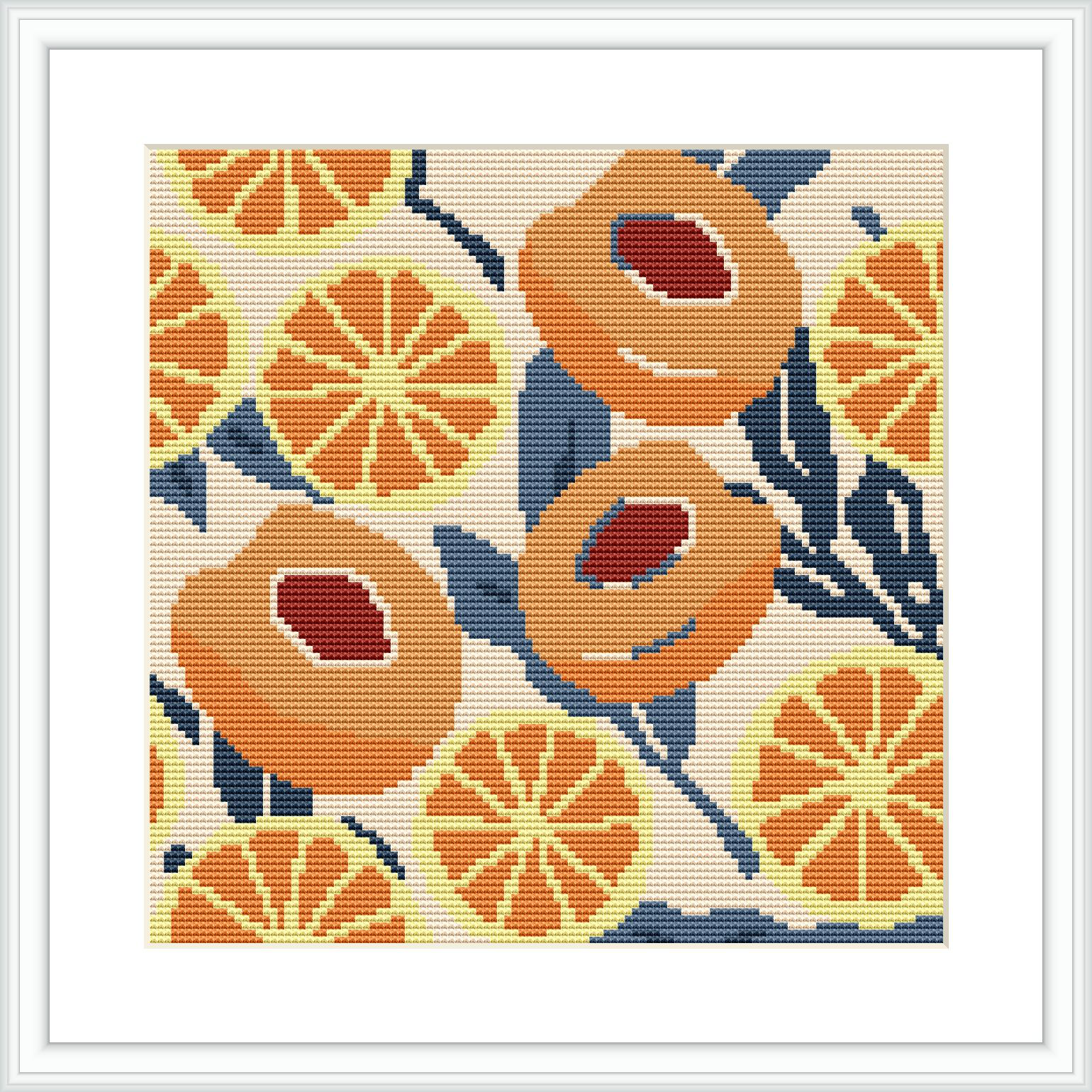 The cross stitch pattern features a collection of stylized orange fruits and green leaves set against a cream and navy blue background. Some of the oranges appear to be sliced open, revealing their segments, while others are whole. All elements are arranged in a balanced, visually pleasant manner.