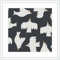 The image shows a cross stitch pattern with multiple dove silhouettes in white on a dark background, framed with a simple white border in a square format.