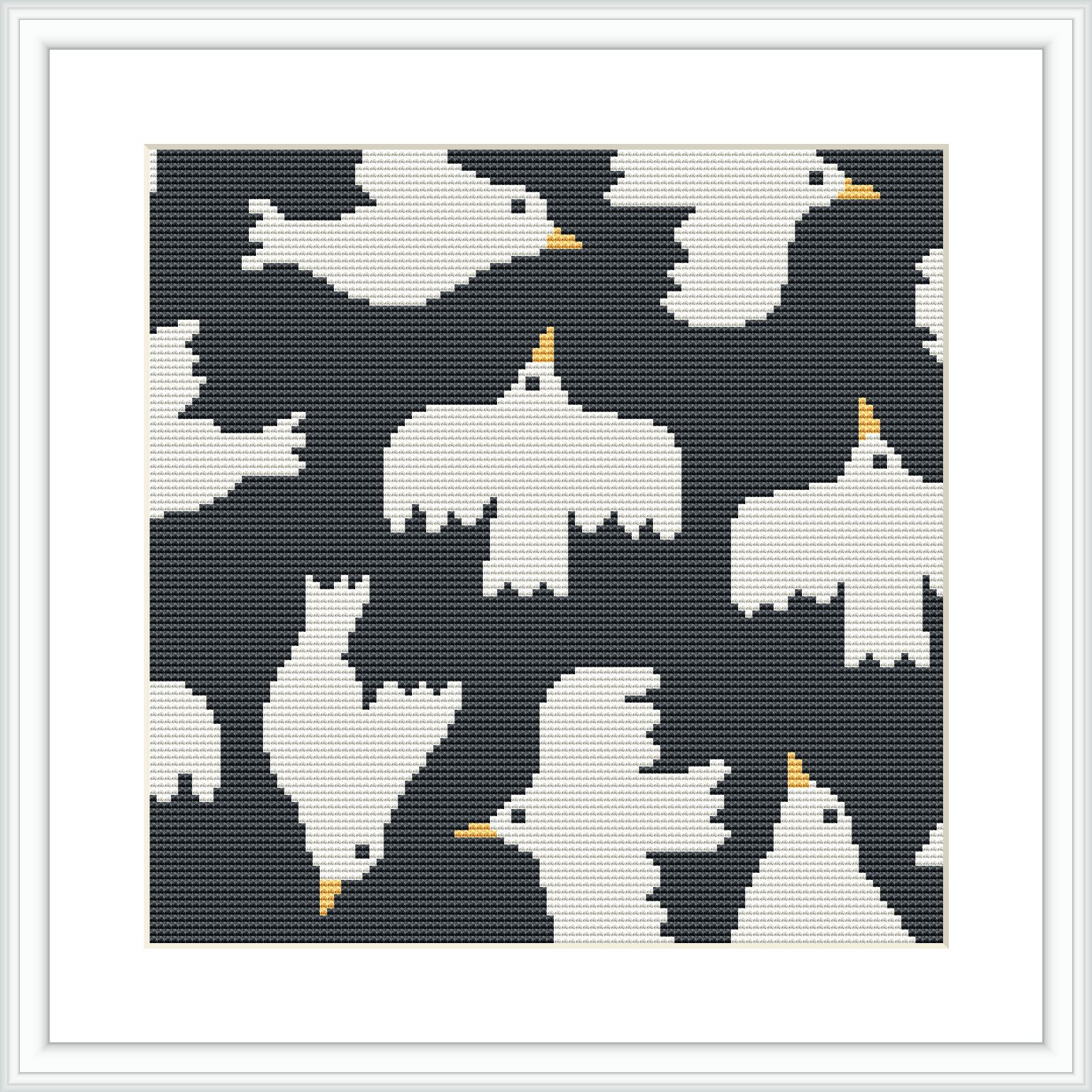 The image shows a cross stitch pattern with multiple dove silhouettes in white on a dark background, framed with a simple white border in a square format.