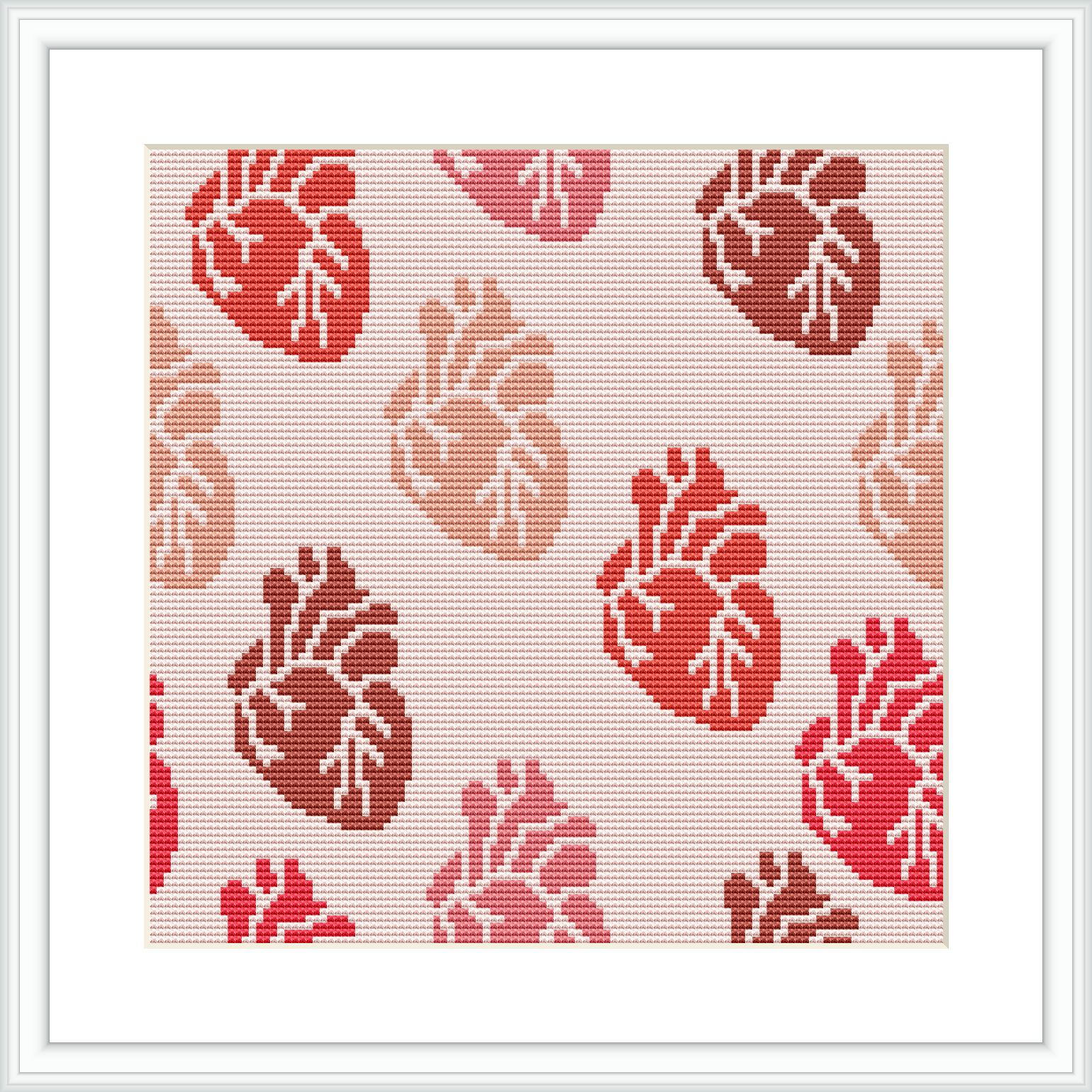 An image showing a cross stitch design of hearts in various sizes with two shades of pink on a white background, all framed within a square frame.