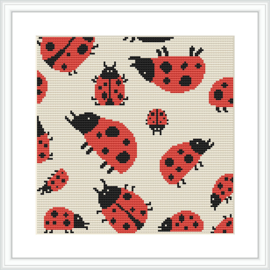 The image features several red and black ladybugs of various sizes arranged randomly on an off-white background. Each ladybug is detailed with black spots and lines indicating their sections.