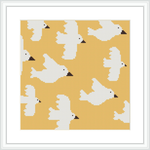 The image displays a square cross stitch pattern featuring multiple doves in flight on a yellow background. Each dove appears in a stylized, simplified form, predominantly in white with small black accents. The pattern is framed within a simple, elegant white frame.