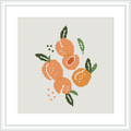 The image showcases a cross stitch pattern featuring a cluster of peaches with green leaves on a white background. The fruits appear ripe and fresh, rendered in a grid-based, pixelated art style typical of cross stitch designs.