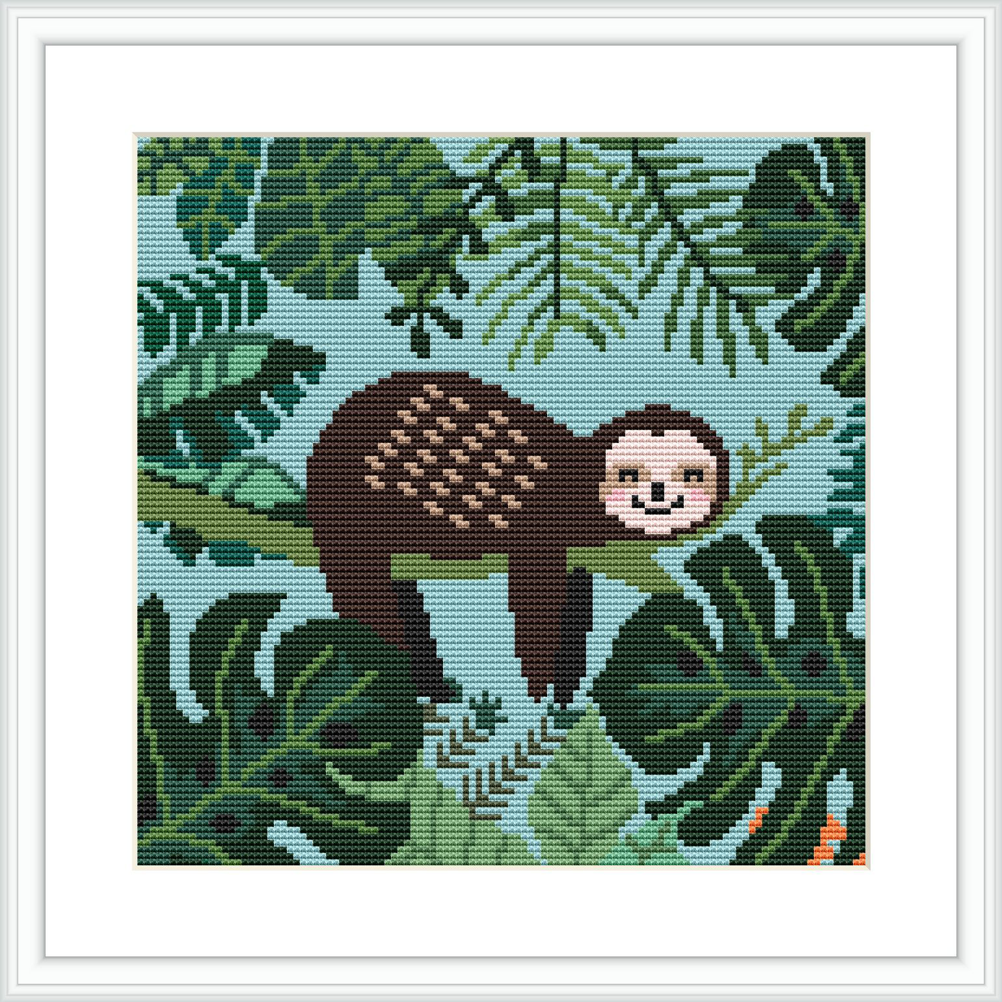 The image features a content sloth hanging from a tree branch surrounded by different shades of green foliage. The sloth is positioned centrally against a teal background, with leaves varying in shape and size.