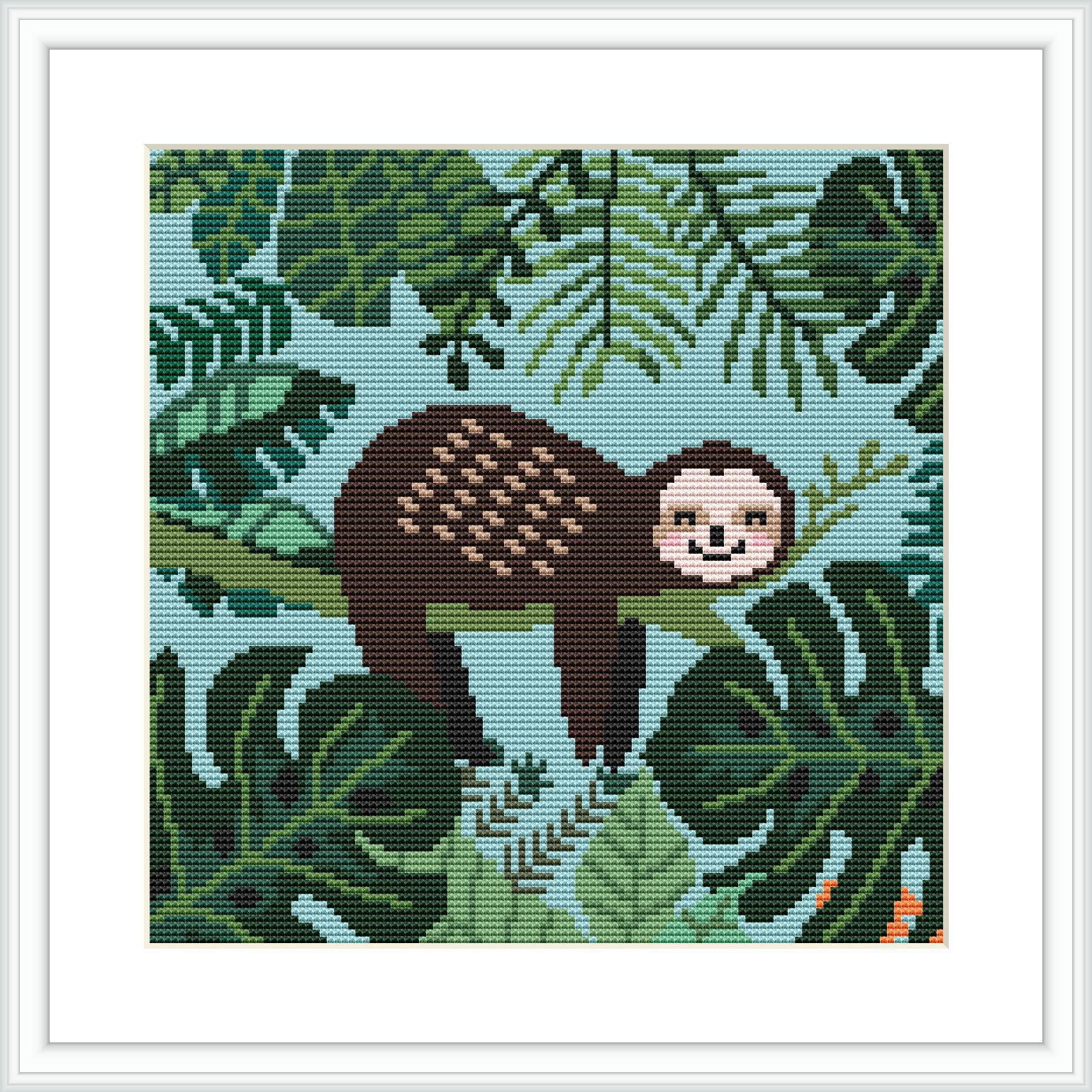 The image features a content sloth hanging from a tree branch surrounded by different shades of green foliage. The sloth is positioned centrally against a teal background, with leaves varying in shape and size.