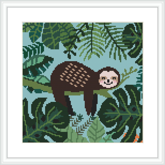 The image features a content sloth hanging from a tree branch surrounded by different shades of green foliage. The sloth is positioned centrally against a teal background, with leaves varying in shape and size.