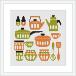 The image shows a collection of kitchen items including pots, a teapot, a kettle, mugs marked with 'COFFEE' and 'TEA,' and kitchen tools. They are arranged in a grid pattern on a white background.