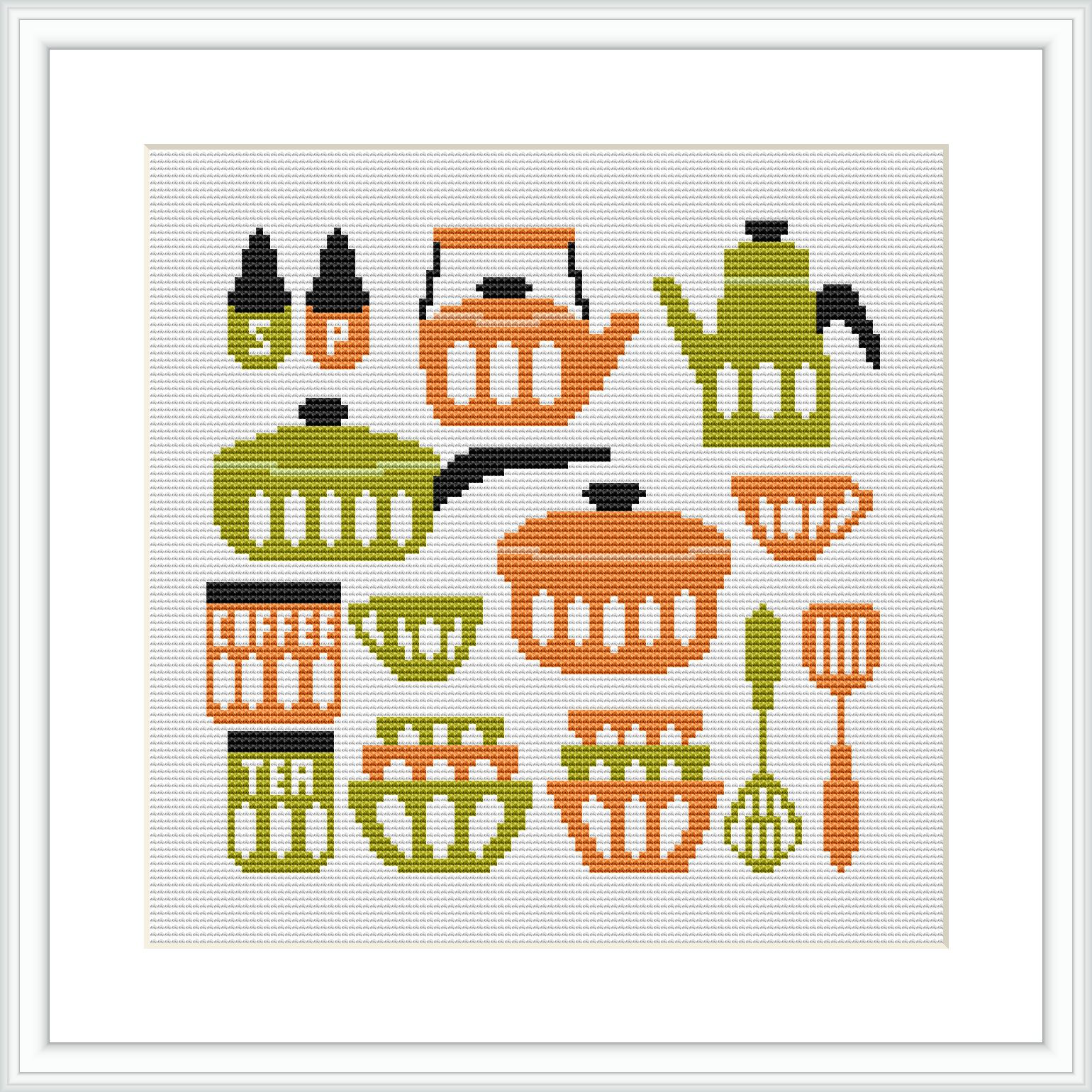 The image shows a collection of kitchen items including pots, a teapot, a kettle, mugs marked with 'COFFEE' and 'TEA,' and kitchen tools. They are arranged in a grid pattern on a white background.