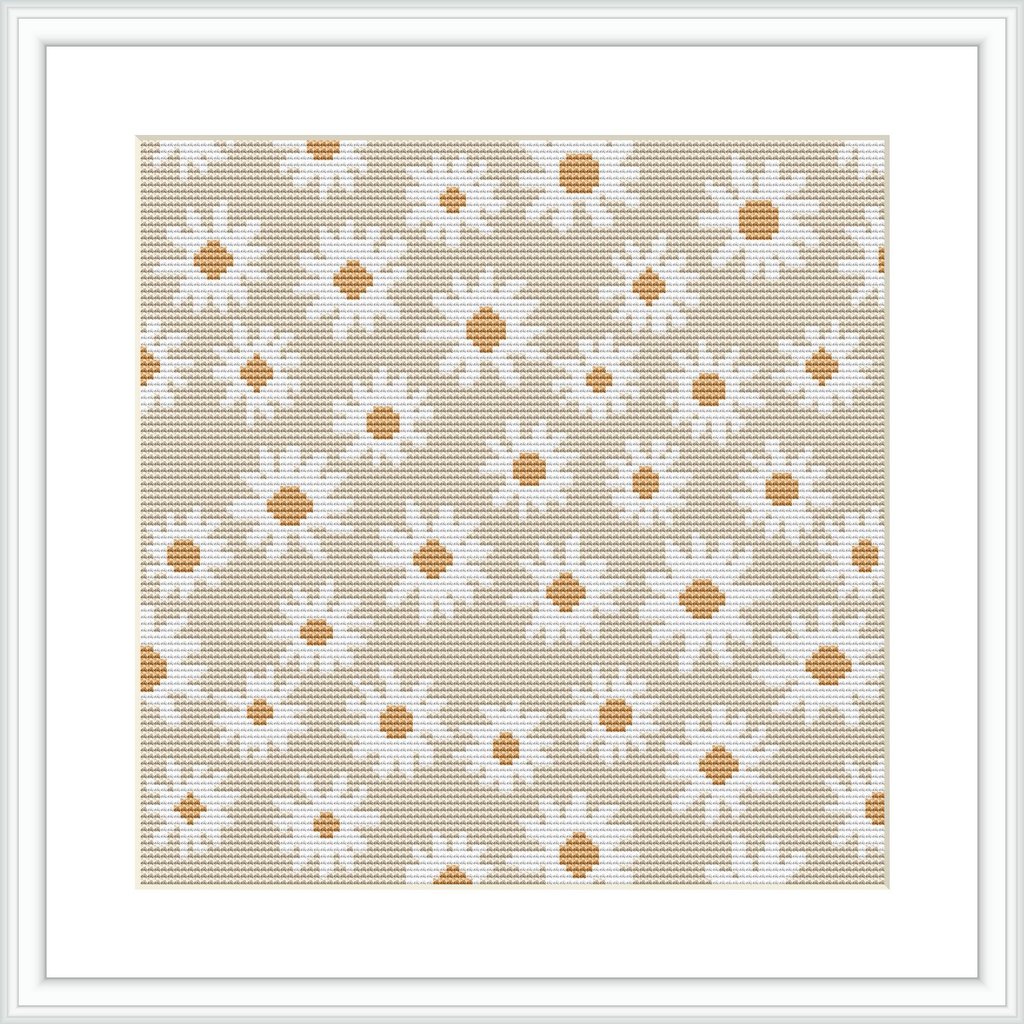 An array of small, stylized daisy flowers arranged in a repetitive pattern over a beige background. The frame is white, complementing the design's simplicity.