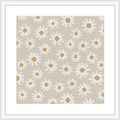 An array of small, stylized daisy flowers arranged in a repetitive pattern over a beige background. The frame is white, complementing the design's simplicity.