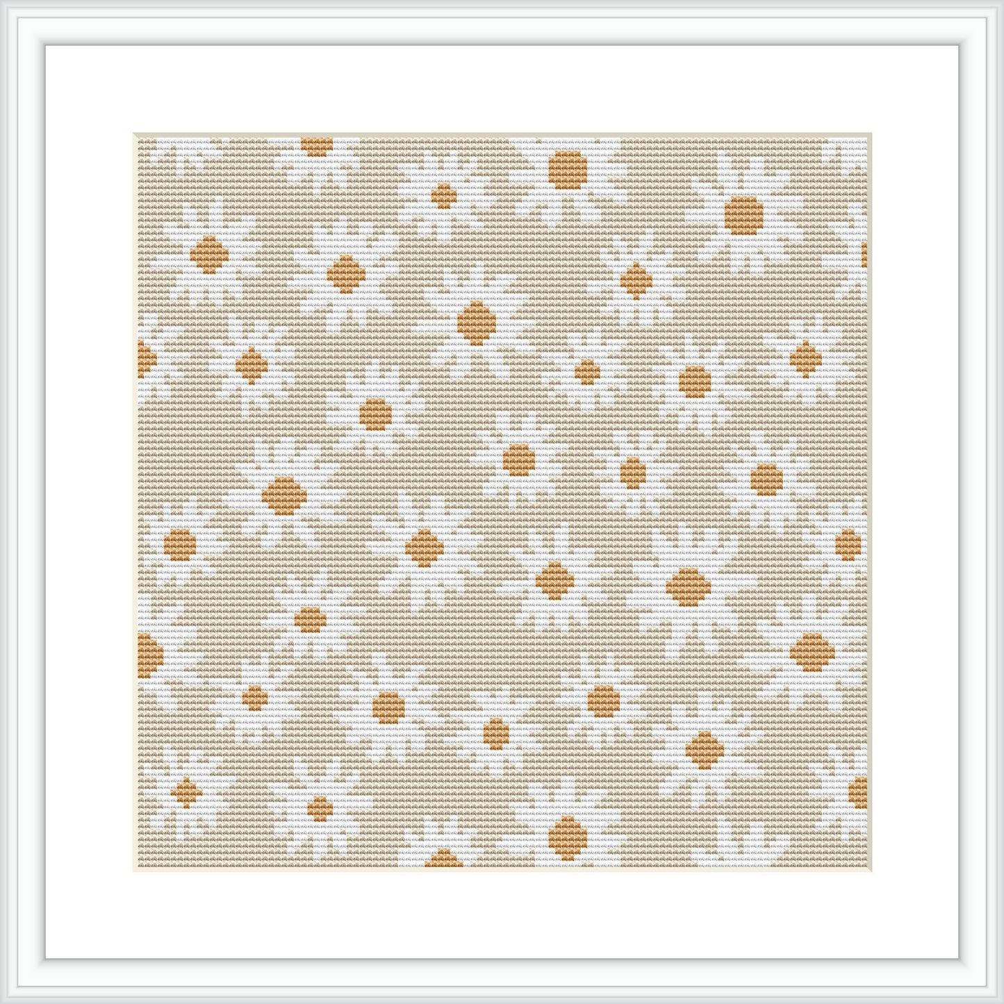 An array of small, stylized daisy flowers arranged in a repetitive pattern over a beige background. The frame is white, complementing the design's simplicity.