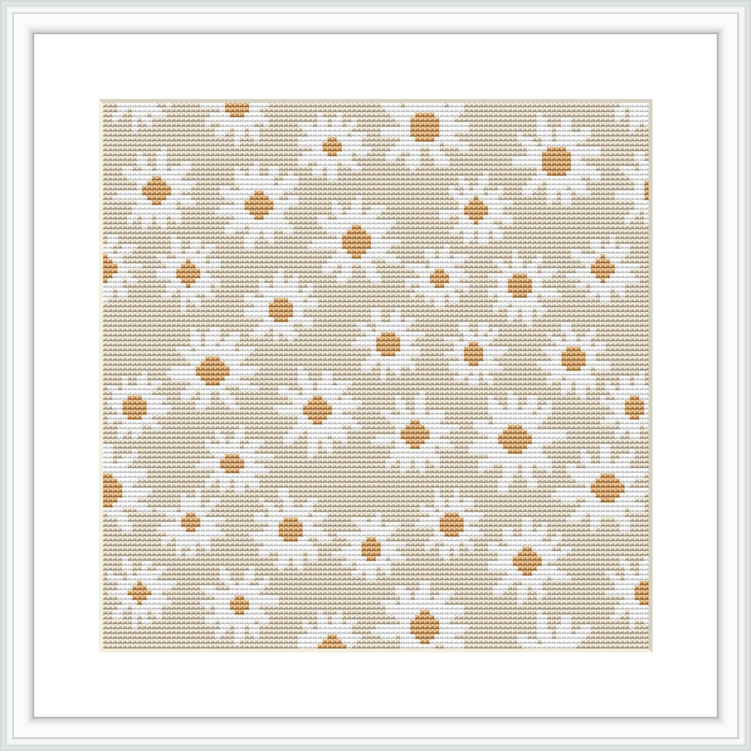 An array of small, stylized daisy flowers arranged in a repetitive pattern over a beige background. The frame is white, complementing the design's simplicity.