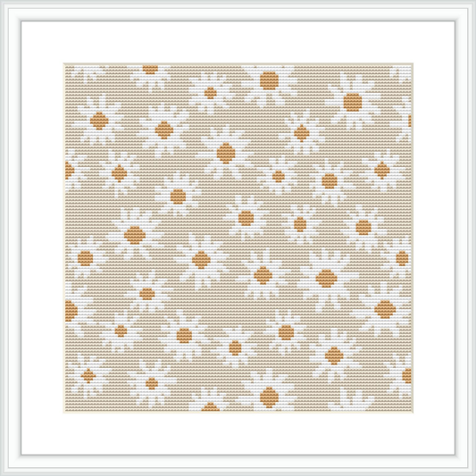 An array of small, stylized daisy flowers arranged in a repetitive pattern over a beige background. The frame is white, complementing the design's simplicity.