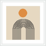 The image shows a framed cross stitch pattern with an orange circular sun centered above curved black lines that form a stylized rainbow, all set against a beige background.