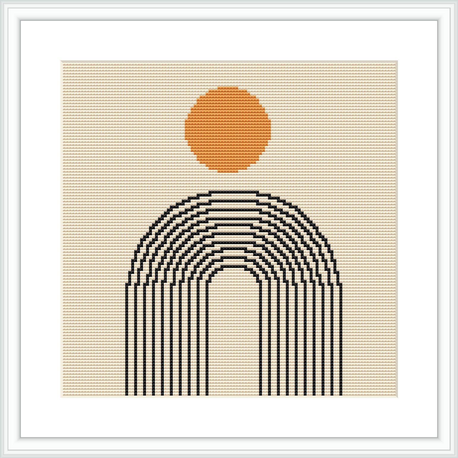 The image shows a framed cross stitch pattern with an orange circular sun centered above curved black lines that form a stylized rainbow, all set against a beige background.
