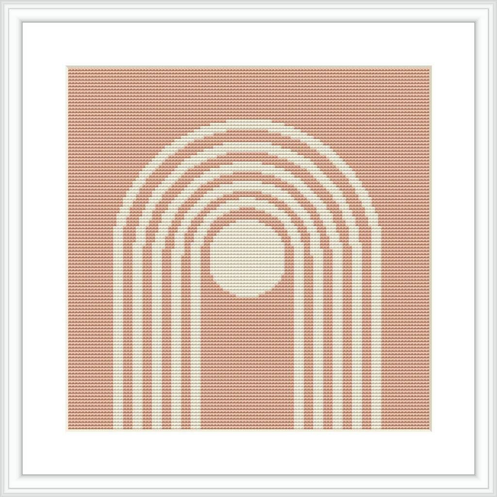 The image depicts a cross stitch pattern featuring concentric semicircles creating arch-like shapes on a beige canvas. The pattern is framed by a white border within a larger square frame.
