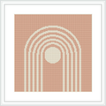 The image depicts a cross stitch pattern featuring concentric semicircles creating arch-like shapes on a beige canvas. The pattern is framed by a white border within a larger square frame.