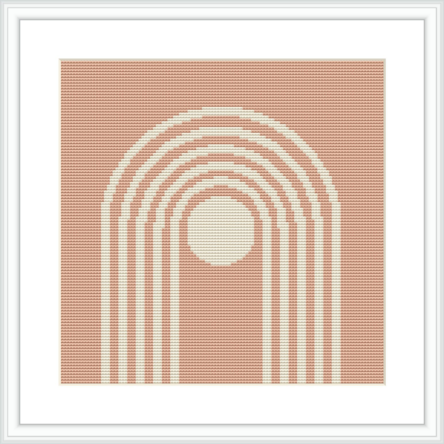 The image depicts a cross stitch pattern featuring concentric semicircles creating arch-like shapes on a beige canvas. The pattern is framed by a white border within a larger square frame.