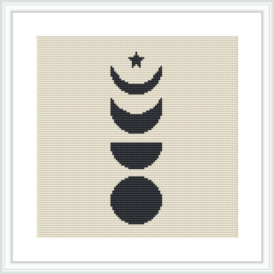 The image depicts a cross stitch pattern with abstract representations of the moon phases in vertical alignment from top to bottom, on a cream fabric background, framed with a simple white border.