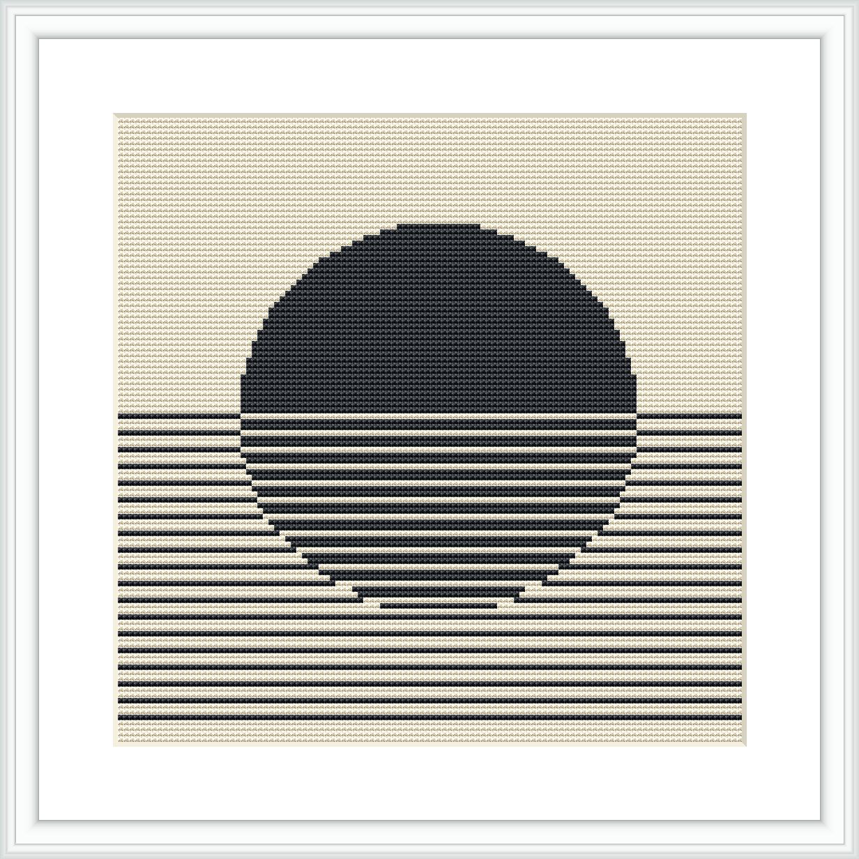 The image features a central black circular shape representing the moon, set against a cream-colored background with horizontal black lines that create a reflection effect. The design is framed within a square, creating a modern geometric look.