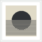 The image features a central black circular shape representing the moon, set against a cream-colored background with horizontal black lines that create a reflection effect. The design is framed within a square, creating a modern geometric look.