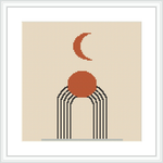The image features an abstract design depicting a crescent moon above a round sun, both connected by three lines resembling rays or paths. The pattern is centered on a beige aida cloth, and it is framed in a simple white frame.