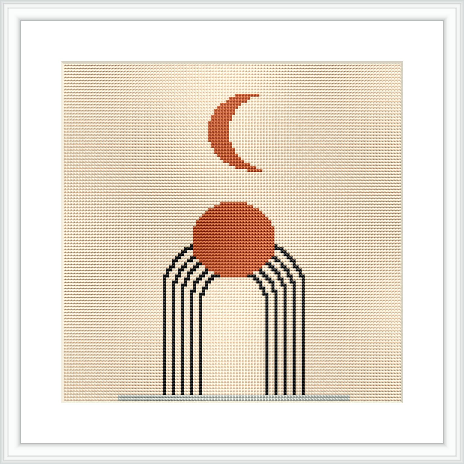 The image features an abstract design depicting a crescent moon above a round sun, both connected by three lines resembling rays or paths. The pattern is centered on a beige aida cloth, and it is framed in a simple white frame.