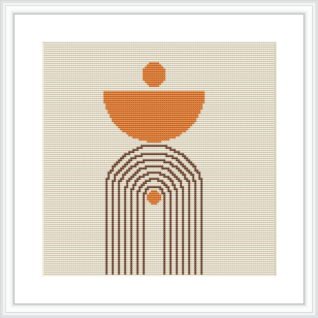 The image shows a cross stitch pattern design that features a minimalist abstract rainbow composed of linear gradients. The rainbow arcs are displayed on a pale background, with the topmost arc supporting a circle, resembling a setting sun or moon above a semicircular horizon.