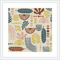 The image showcases a cross stitch pattern with a collection of stylized botanical elements such as leaves and feathers, arranged in a symmetrical layout. The design is framed and has a crisp, clean aesthetic, presenting a balance of shapes and colors.