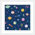 The image depicts a cross stitch pattern with a variety of planets and celestial bodies, including stars and galaxies, set against a dark navy blue background, resembling a night sky.