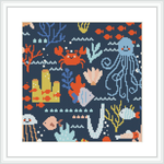 The image displays a framed cross stitch pattern featuring an ocean theme with various sea creatures and plants, such as an octopus, jellyfish, corals, and seaweed against a dark background.
