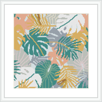 The image shows a cross stitch pattern of monstera leaves in a square format. Different shades of green, yellow, pink, and white are used to create the leaf shapes on a dotted background, which collectively suggest a tropical theme.