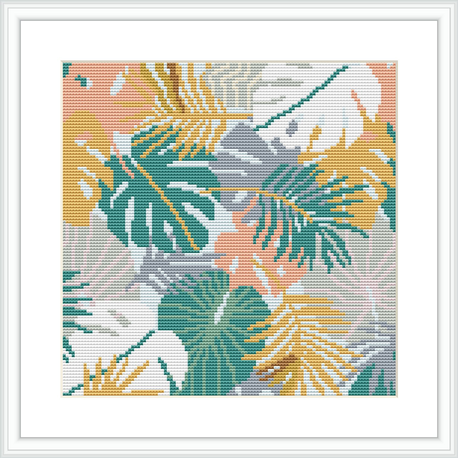 The image shows a cross stitch pattern of monstera leaves in a square format. Different shades of green, yellow, pink, and white are used to create the leaf shapes on a dotted background, which collectively suggest a tropical theme.