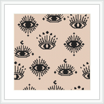 The image shows a cross stitch pattern comprising multiple eyes arranged in a repeated manner against a beige background, framed in white.