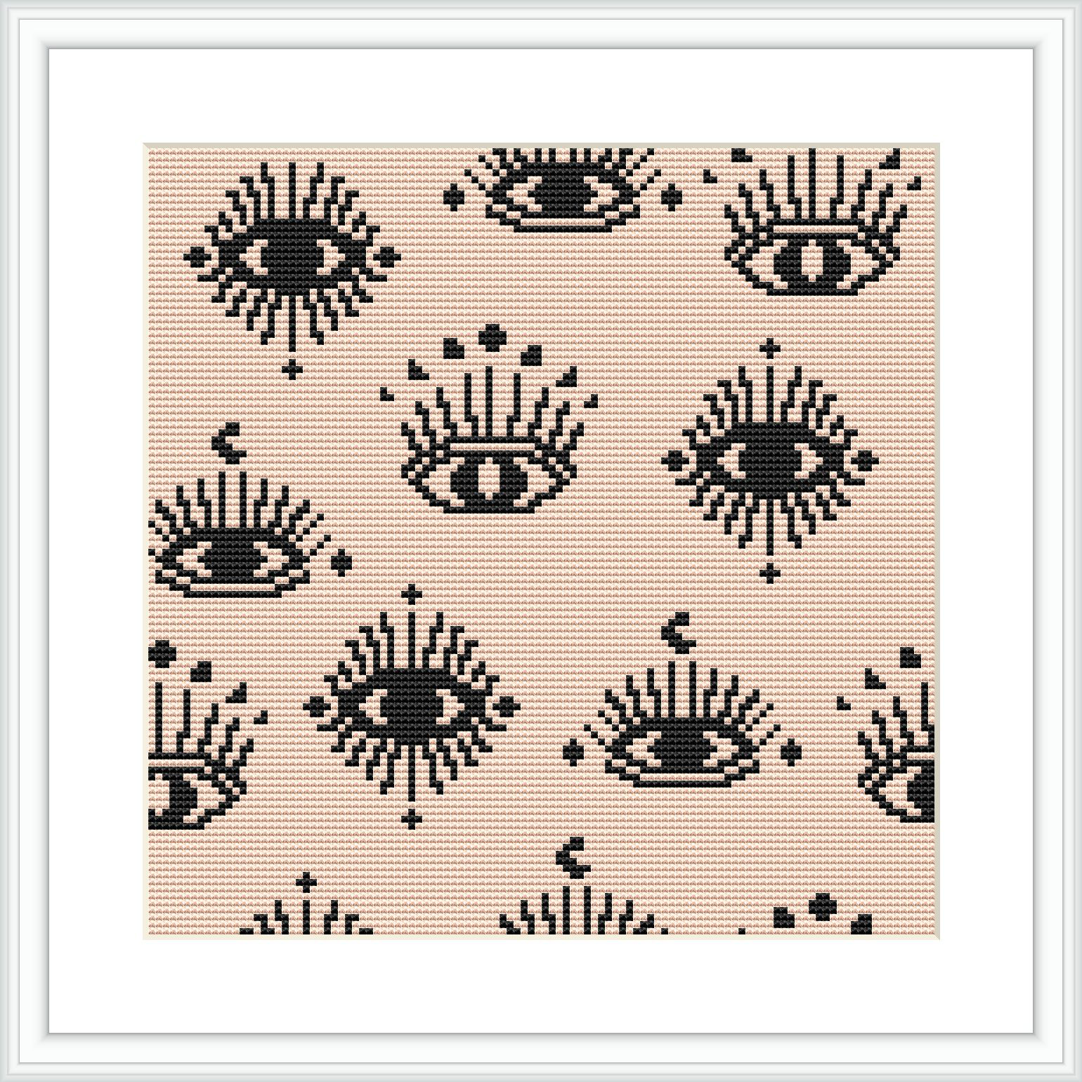 The image shows a cross stitch pattern comprising multiple eyes arranged in a repeated manner against a beige background, framed in white.