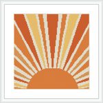 The image depicts a cross stitch pattern of a stylized sunrise with rays extending from a semicircular horizon. The rays alternate in color with varying shades of orange, cream, and white, set against a solid background.