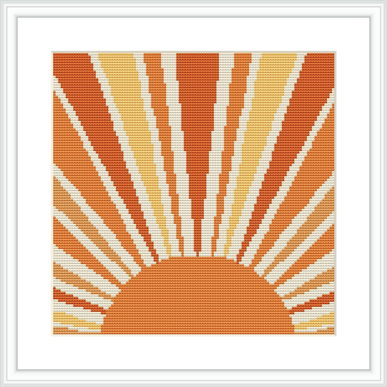 The image depicts a cross stitch pattern of a stylized sunrise with rays extending from a semicircular horizon. The rays alternate in color with varying shades of orange, cream, and white, set against a solid background.