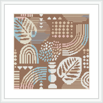 The image depicts a framed cross stitch pattern with an abstract design comprising geometric and natural shapes, such as leaves, in a harmonious earth-toned color scheme.