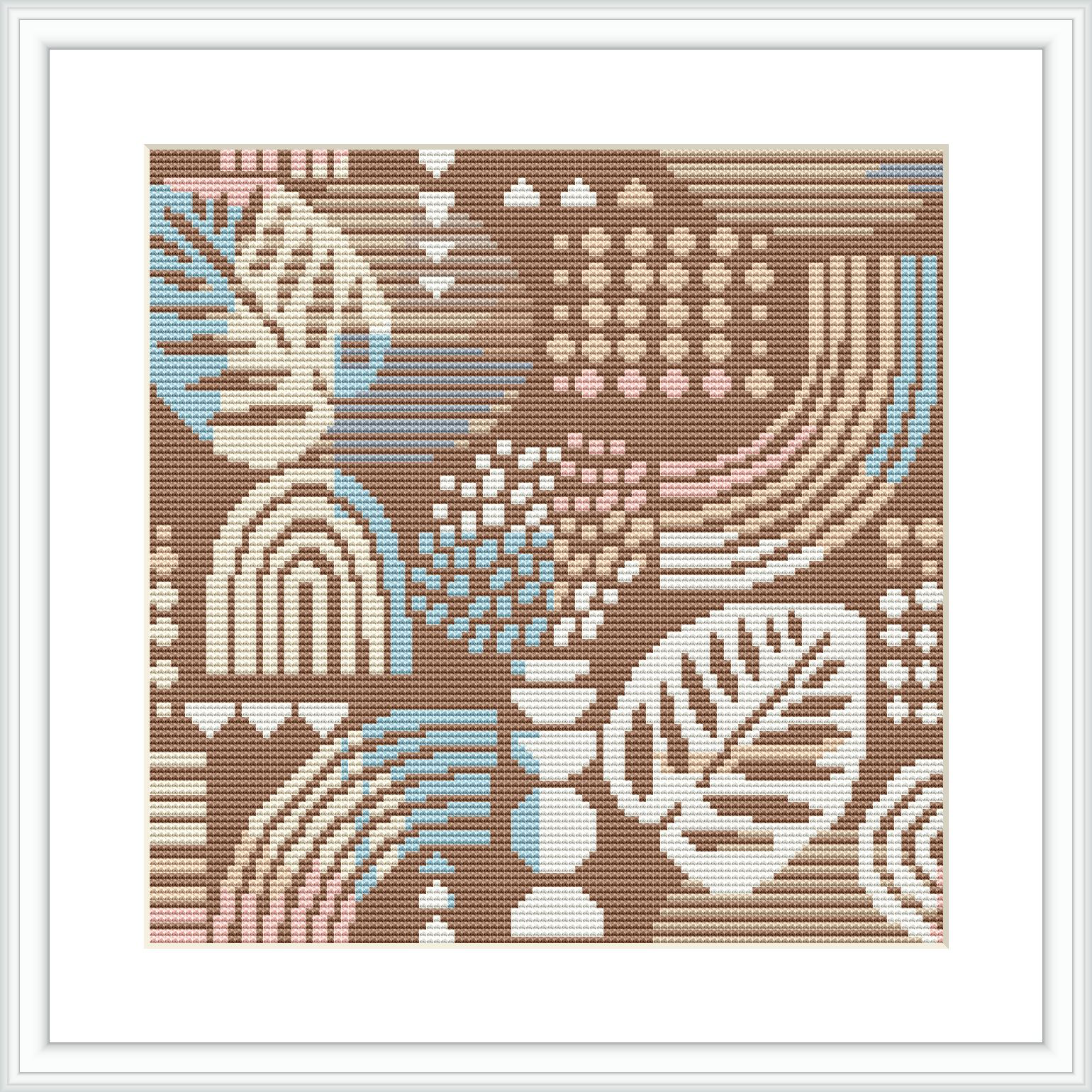 The image depicts a framed cross stitch pattern with an abstract design comprising geometric and natural shapes, such as leaves, in a harmonious earth-toned color scheme.
