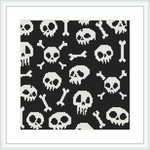 A framed cross stitch pattern depicting various skulls and bones in a monochromatic black-and-white color scheme against a dark background. The design is evenly spaced and features multiple repetitions of the skull and bones motif.