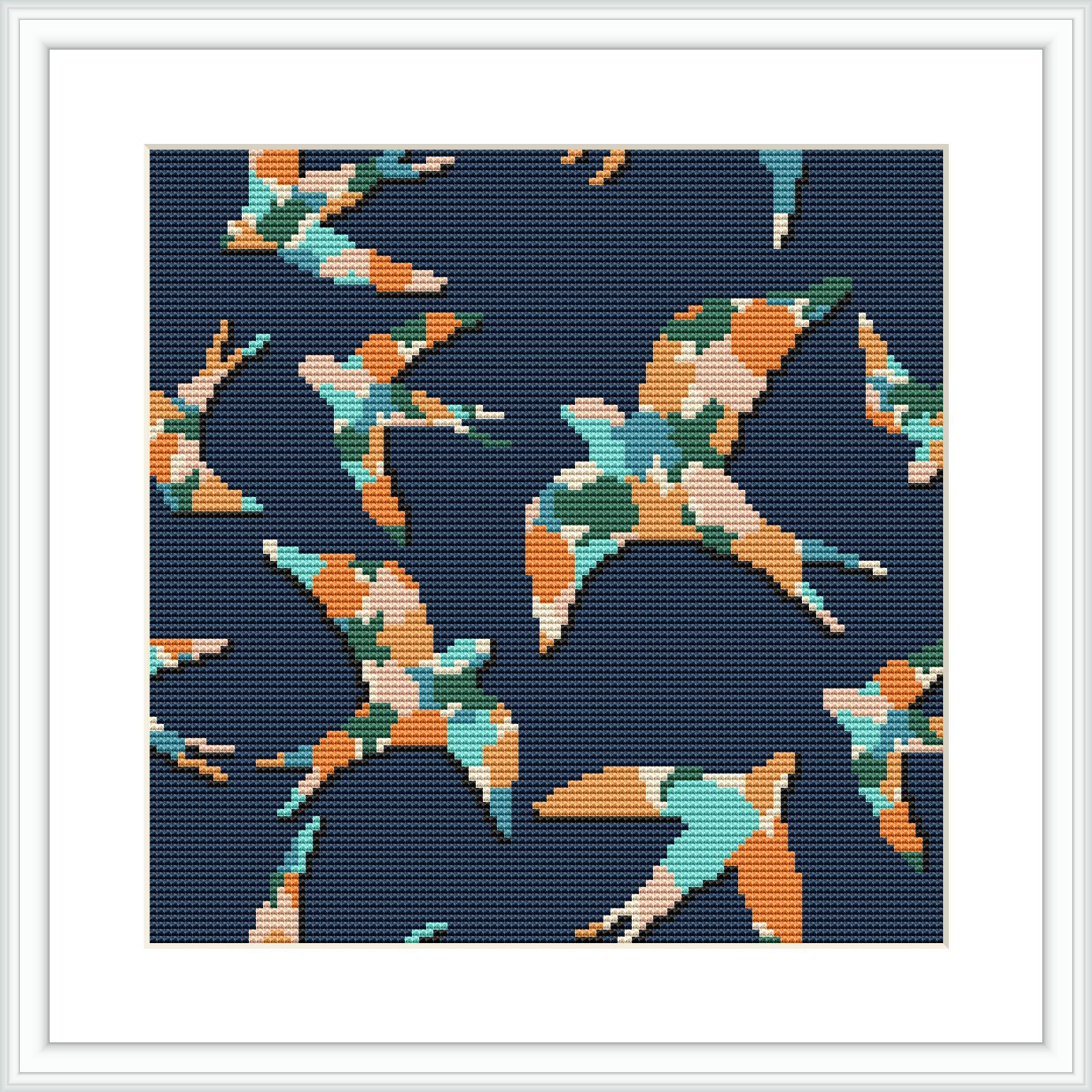 The image displays a cross stitch pattern depicting several swallows in various positions of flight against a dark navy blue background. Each bird is rendered in shades of teal, coral, peach, and mint. The design is contained within a white frame.