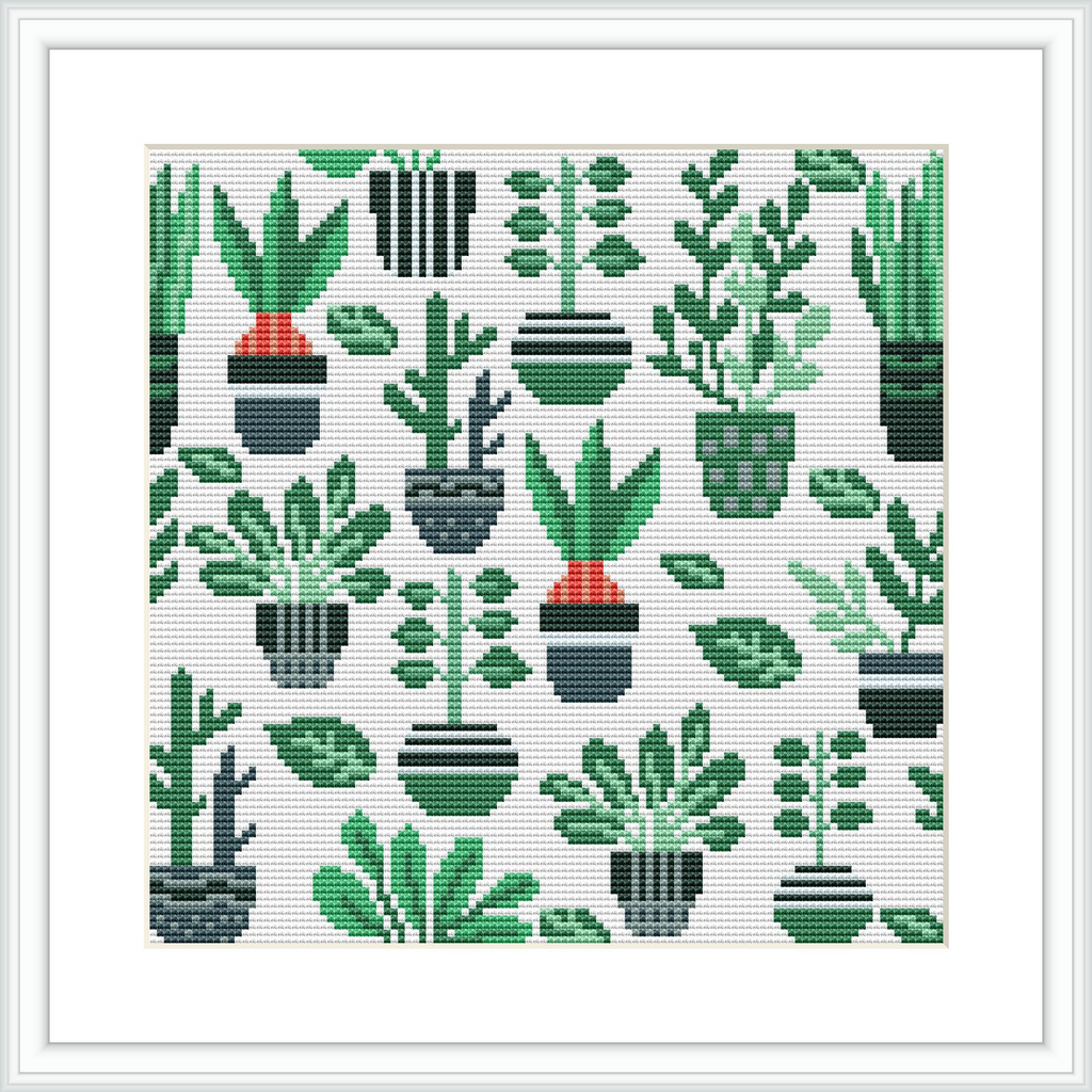 The image shows a cross stitch pattern featuring an array of potted plants with various leaf patterns, set against a white background interspersed with small green dots.
