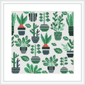 The image shows a cross stitch pattern featuring an array of potted plants with various leaf patterns, set against a white background interspersed with small green dots.