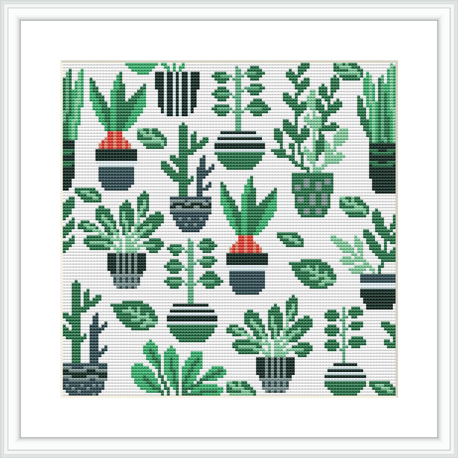The image shows a cross stitch pattern featuring an array of potted plants with various leaf patterns, set against a white background interspersed with small green dots.