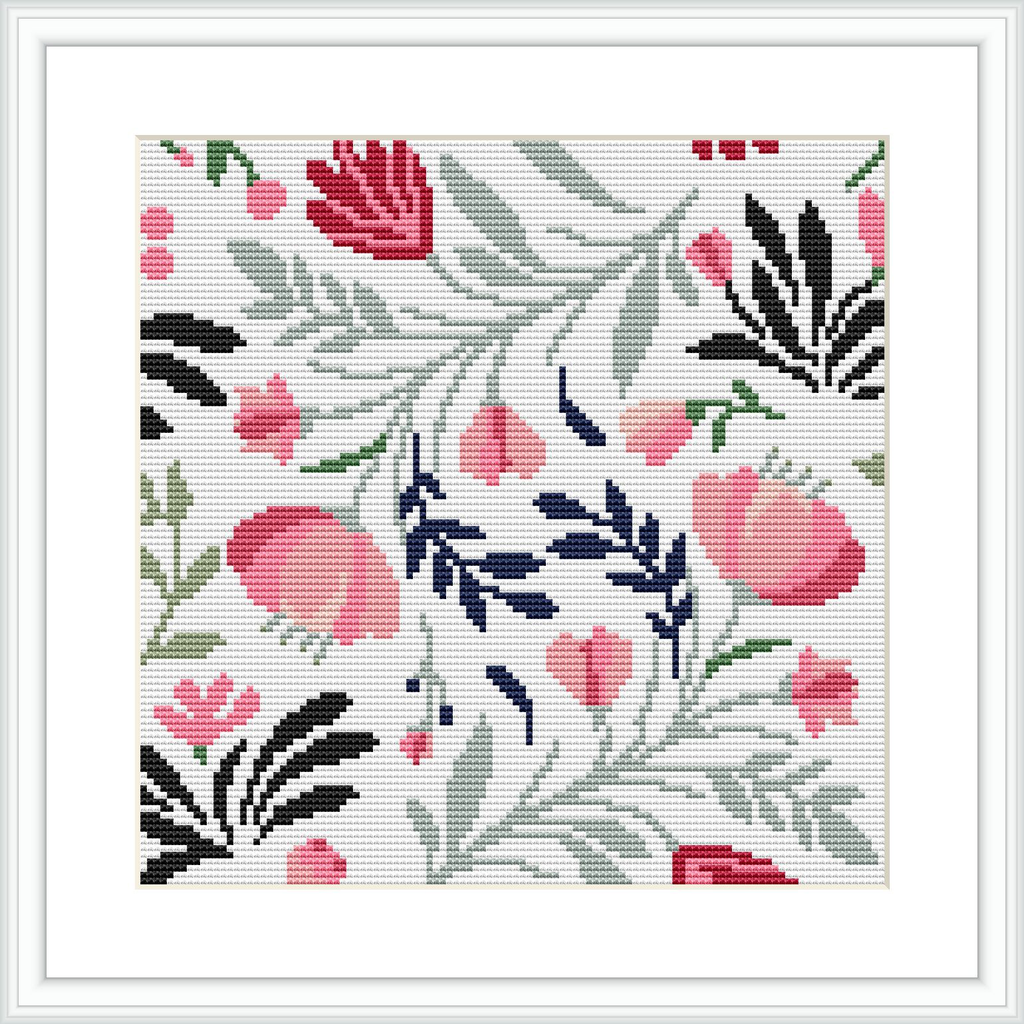 The image displays a framed cross stitch pattern. The design features pink floral motifs with black accent details, intermixed with green foliage against a white background. It is neatly stitched, showcasing a variety of colors in a vibrant and balanced composition.