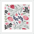 The image displays a framed cross stitch pattern. The design features pink floral motifs with black accent details, intermixed with green foliage against a white background. It is neatly stitched, showcasing a variety of colors in a vibrant and balanced composition.